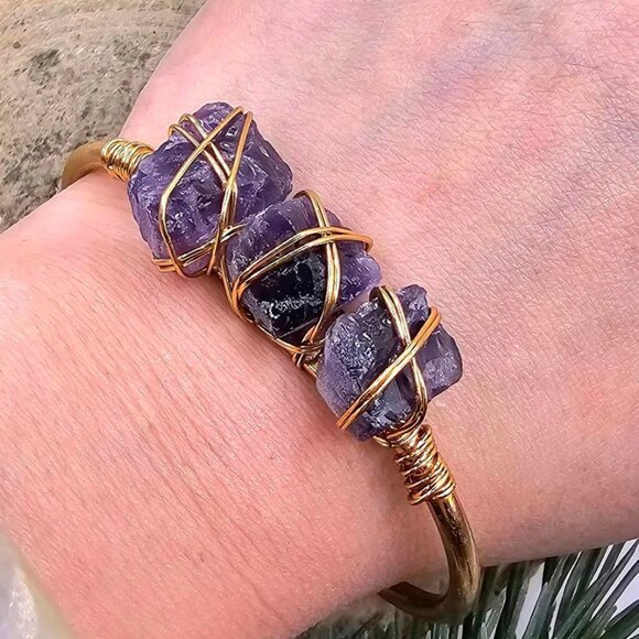 Nature Amethyst Polished Stone Wire Wrapped Cuff Bangle - Picture 6 of 10